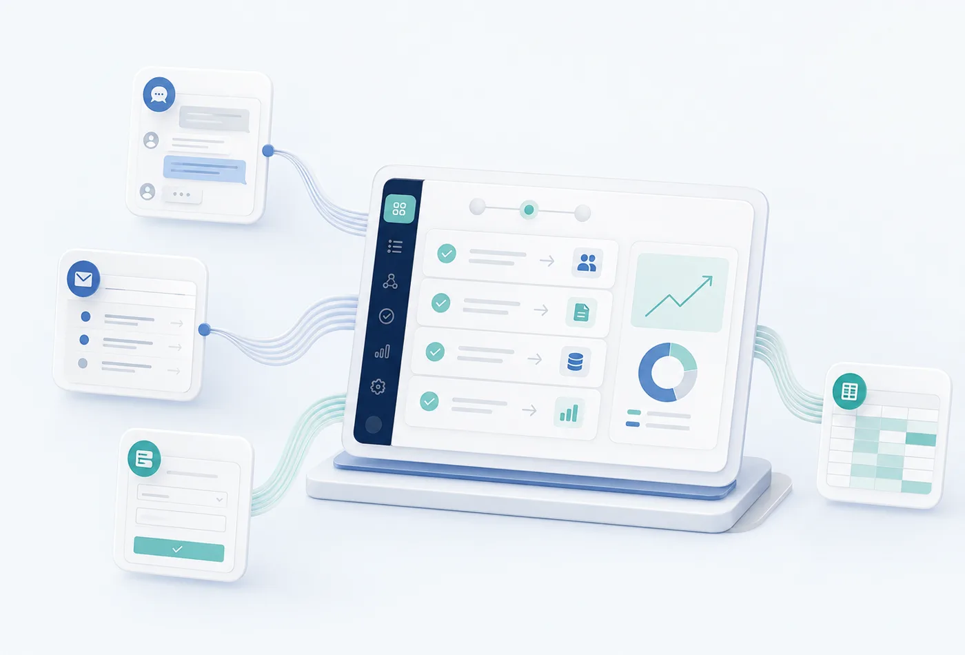 Panel de automatización conectado a canales de entrada: chat, email y formulario web, con tareas completadas, base de datos y gráficos de resultados.