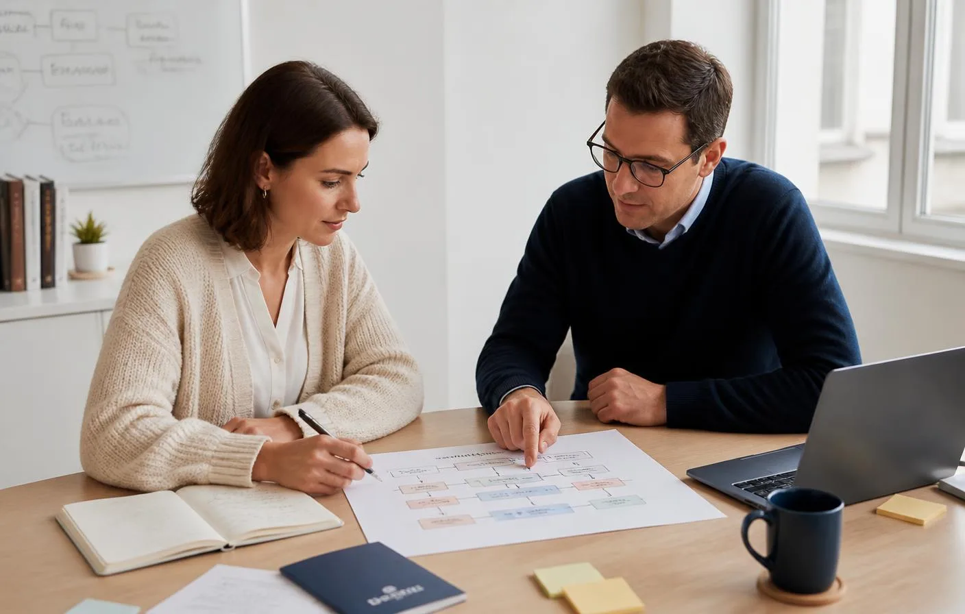 Dos profesionales sentados a una mesa de trabajo revisando juntos un mapa de proceso impreso, con un portátil, cuadernos y notas adhesivas en una oficina luminosa.