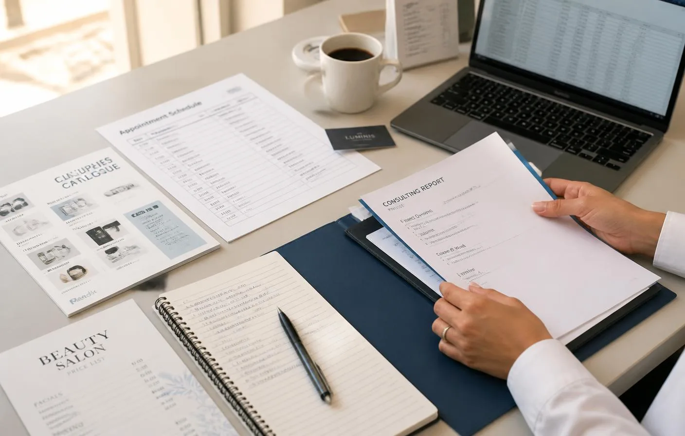 Mesa de trabajo luminosa con documentación de distintos negocios de servicios: hoja de citas, catálogo de un centro, lista de precios de un salón, carpeta de consultoría, cuaderno de notas y un portátil abierto.